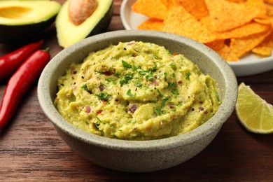 Bowl of delicious guacamole, lime and nachos chips on wooden table, closeup