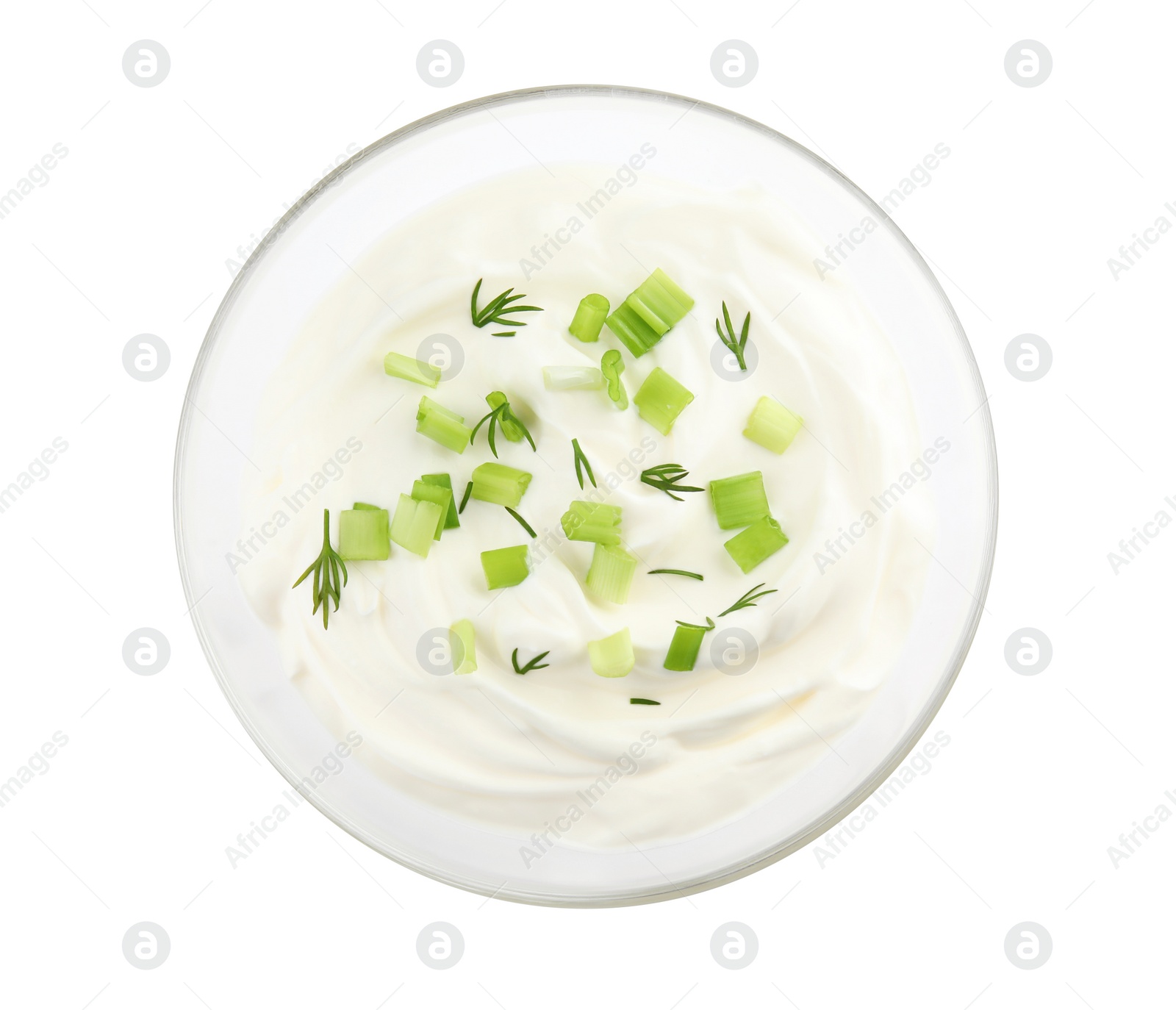 Photo of Bowl with sour cream and herbs on white background, top view