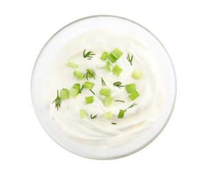 Bowl with sour cream and herbs on white background, top view