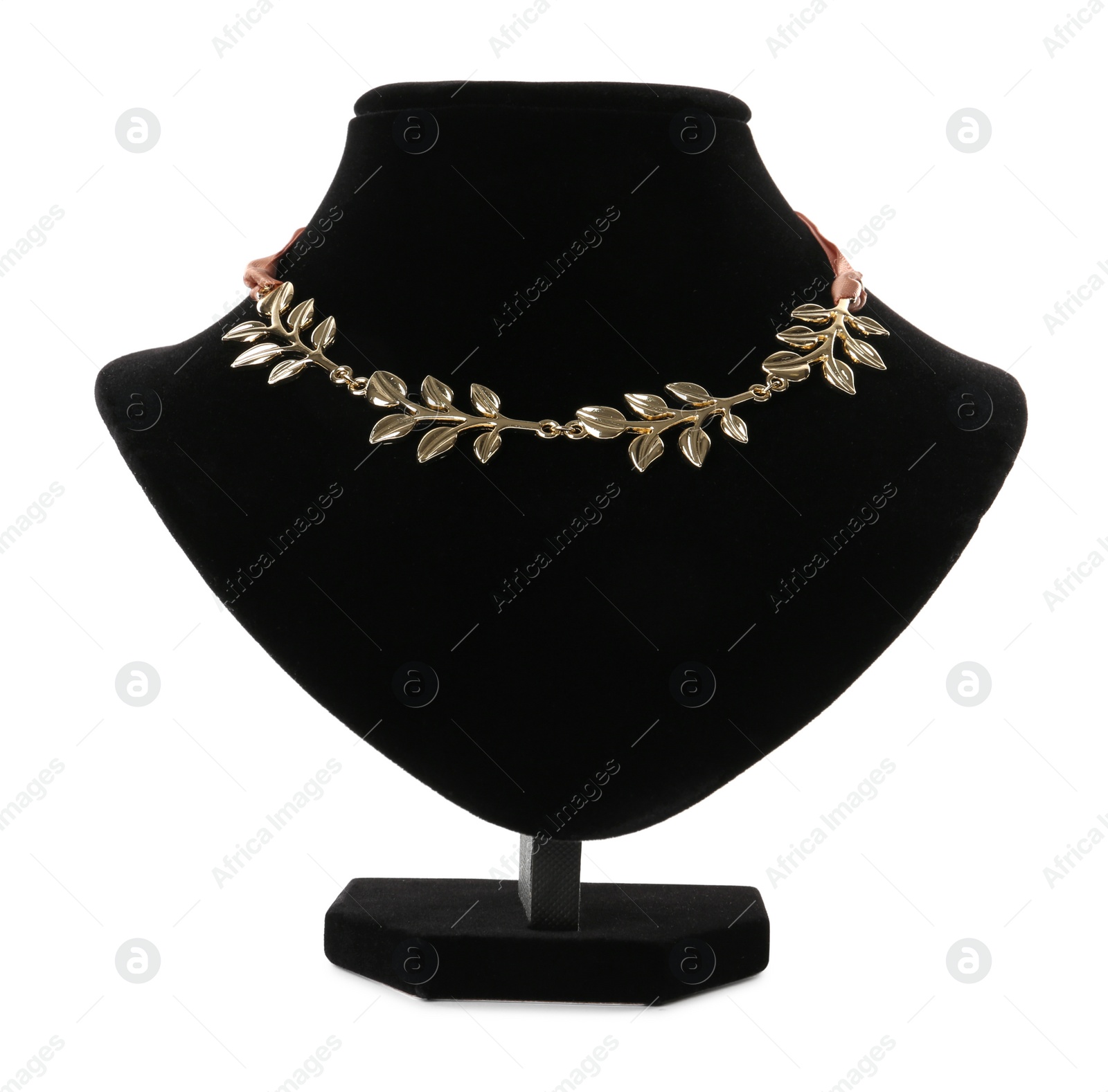 Photo of Stylish golden necklace on jewelry bust against white background