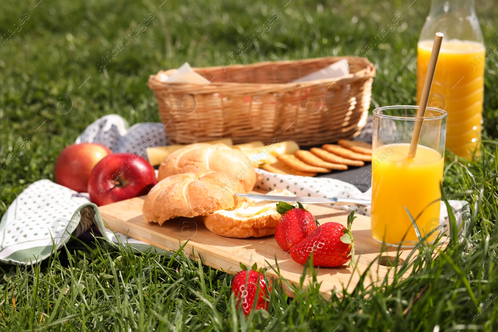 Photo of Blanket with juice and snacks for picnic on green grass