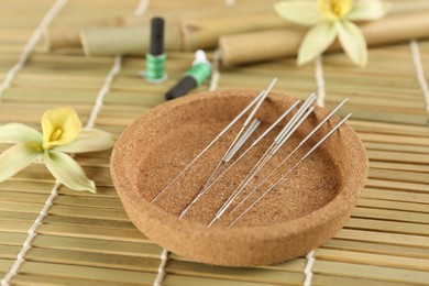 Photo of Cork plate with acupuncture needles on bamboo mat
