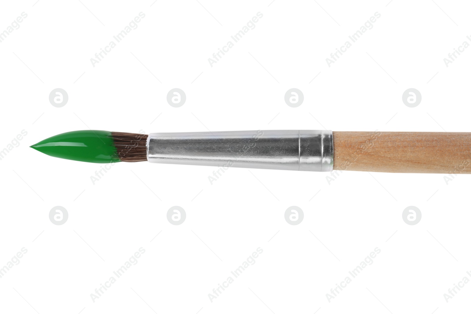 Photo of Brush with color paint on white background, top view