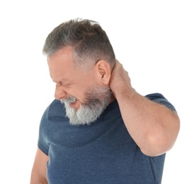 Man suffering from neck pain on white background