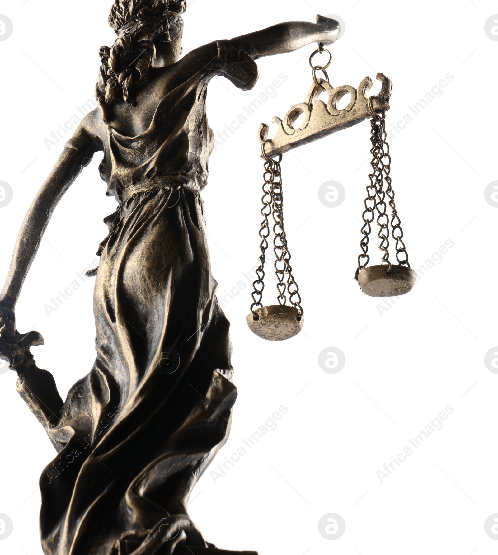 Photo of Statue of Lady Justice isolated on white, back view. Symbol of fair treatment under law