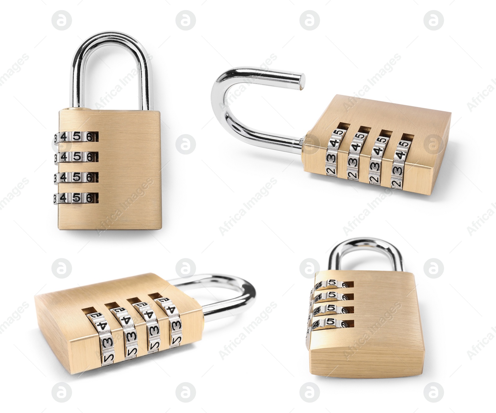 Image of Steel combination padlock isolated on white, different sides. Set