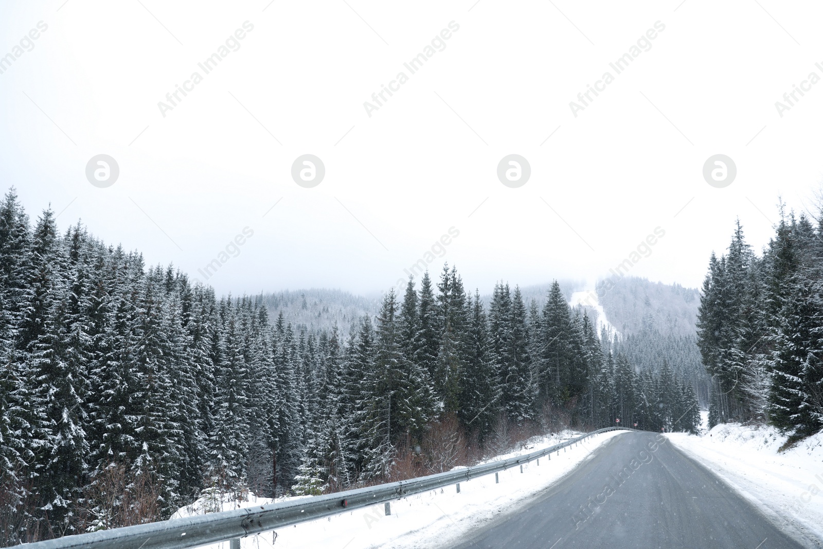 Photo of Beautiful landscape with conifer forest and road on snowy winter day