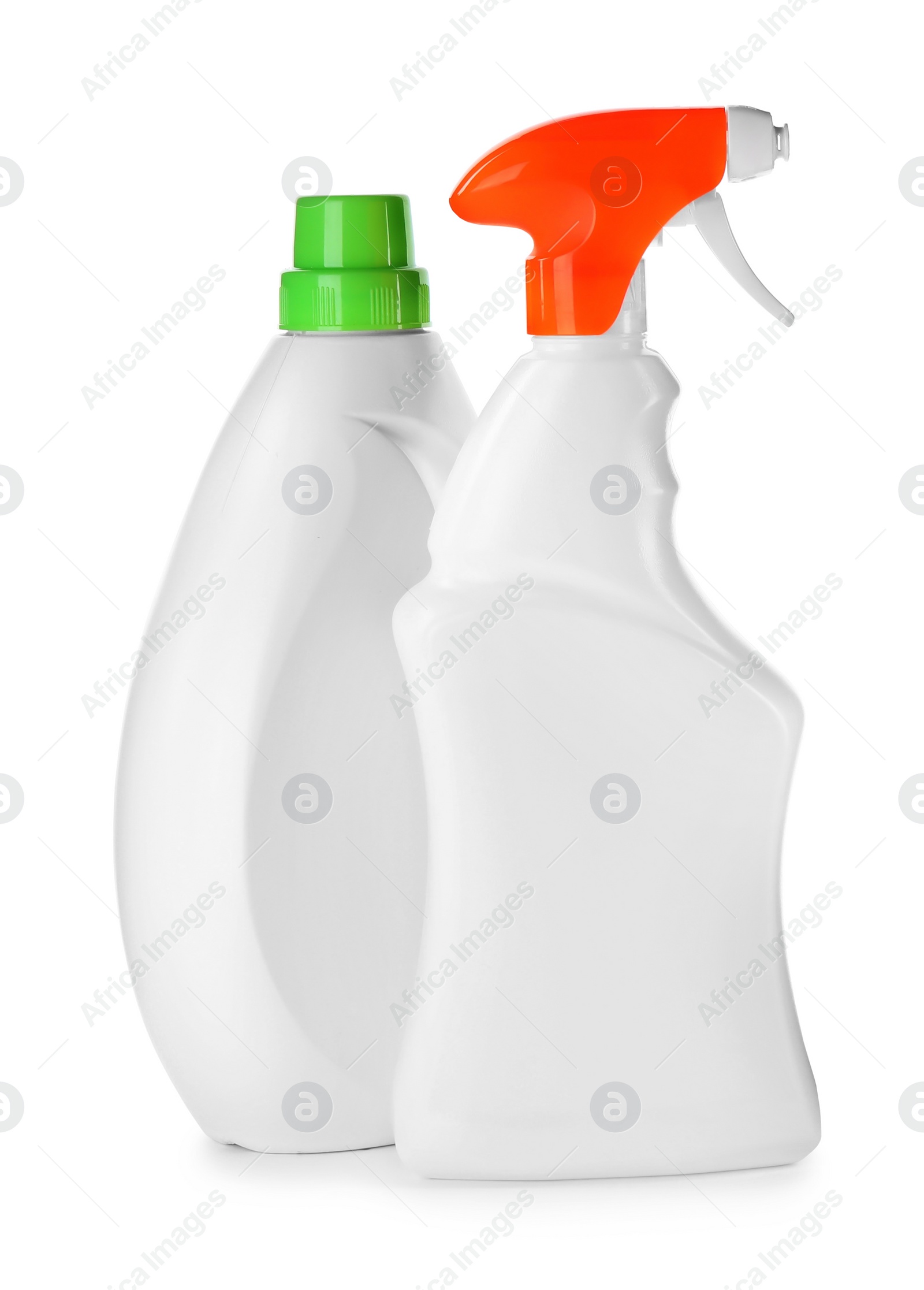 Photo of Bottles of different cleaning products on white background