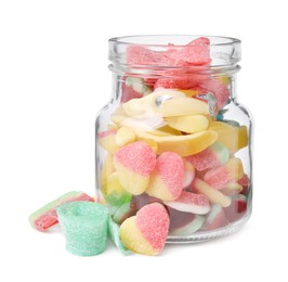 Photo of Tasty jelly candies with jar on white background