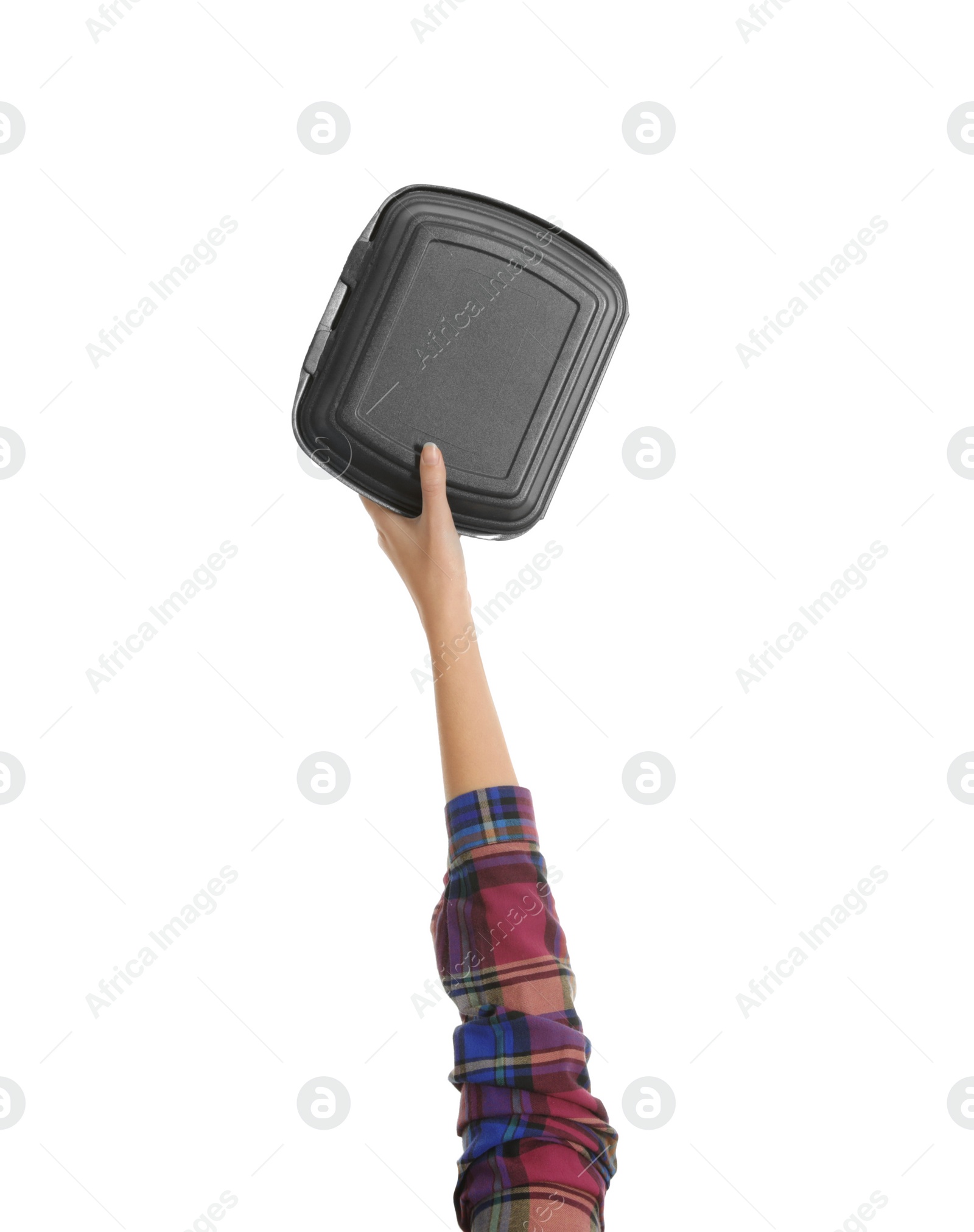 Photo of Woman holding plastic container isolated on white, closeup. Waste recycling concept