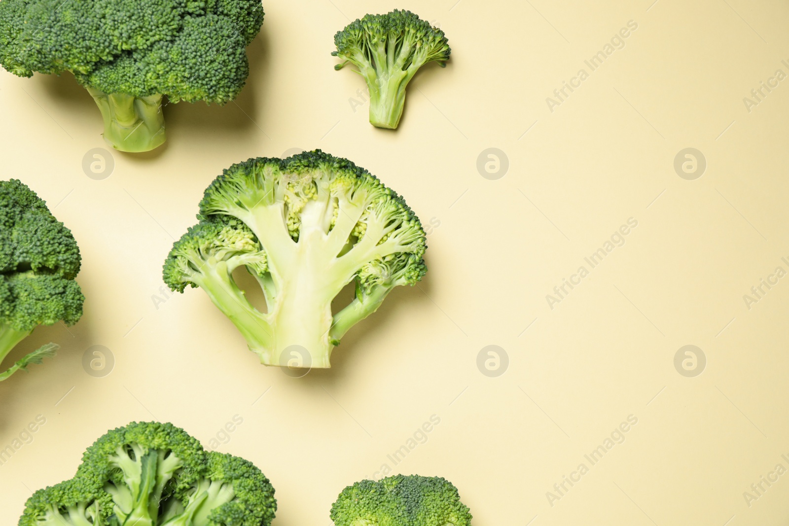 Photo of Fresh broccoli on beige background, flat lay. Space for text