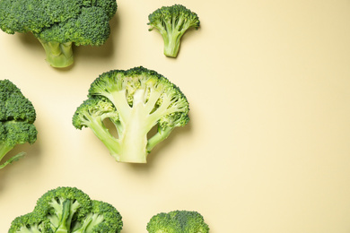 Photo of Fresh broccoli on beige background, flat lay. Space for text