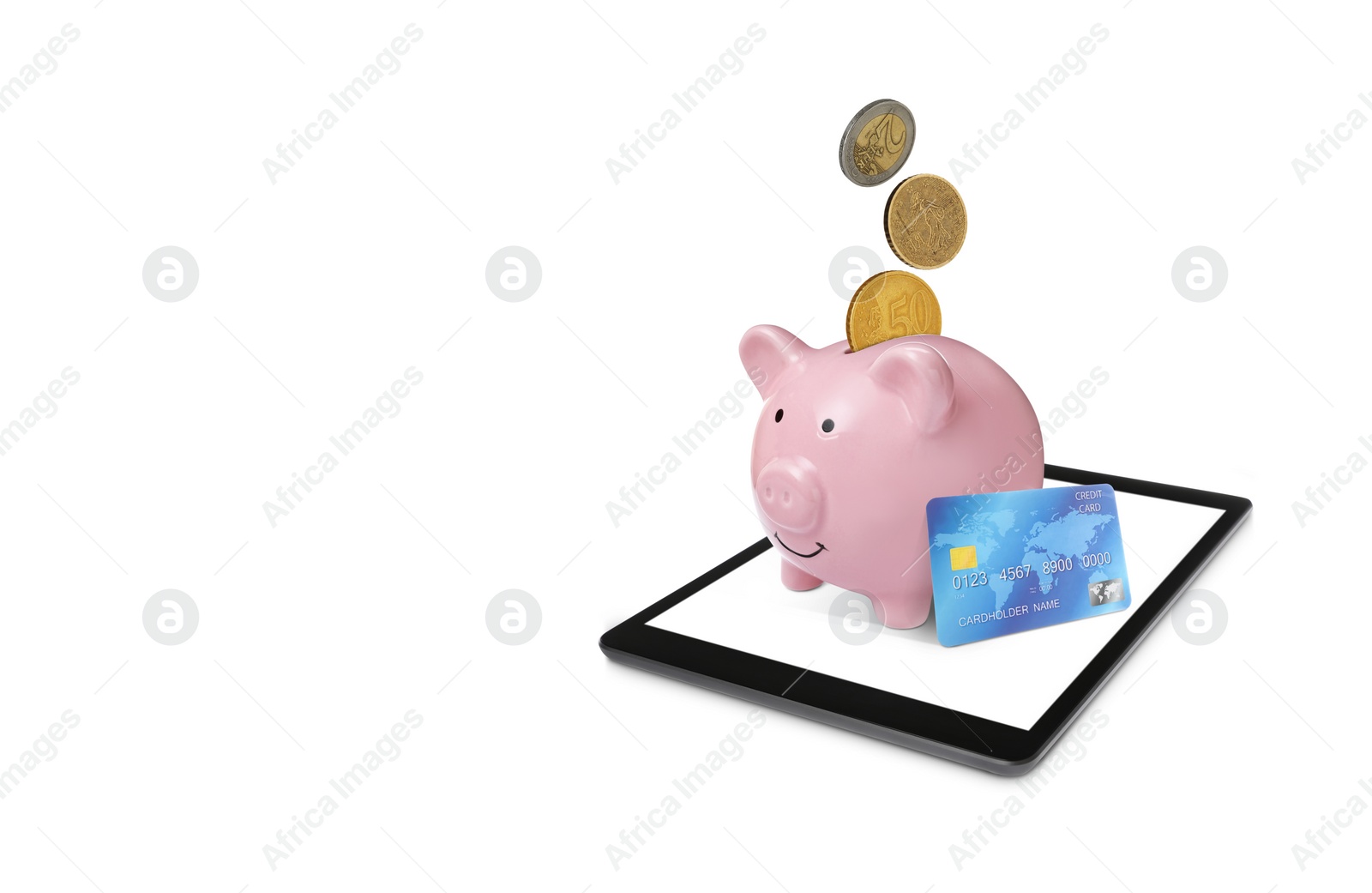 Image of Piggy bank with credit card, euro cent coins and tablet on white background. Online banking