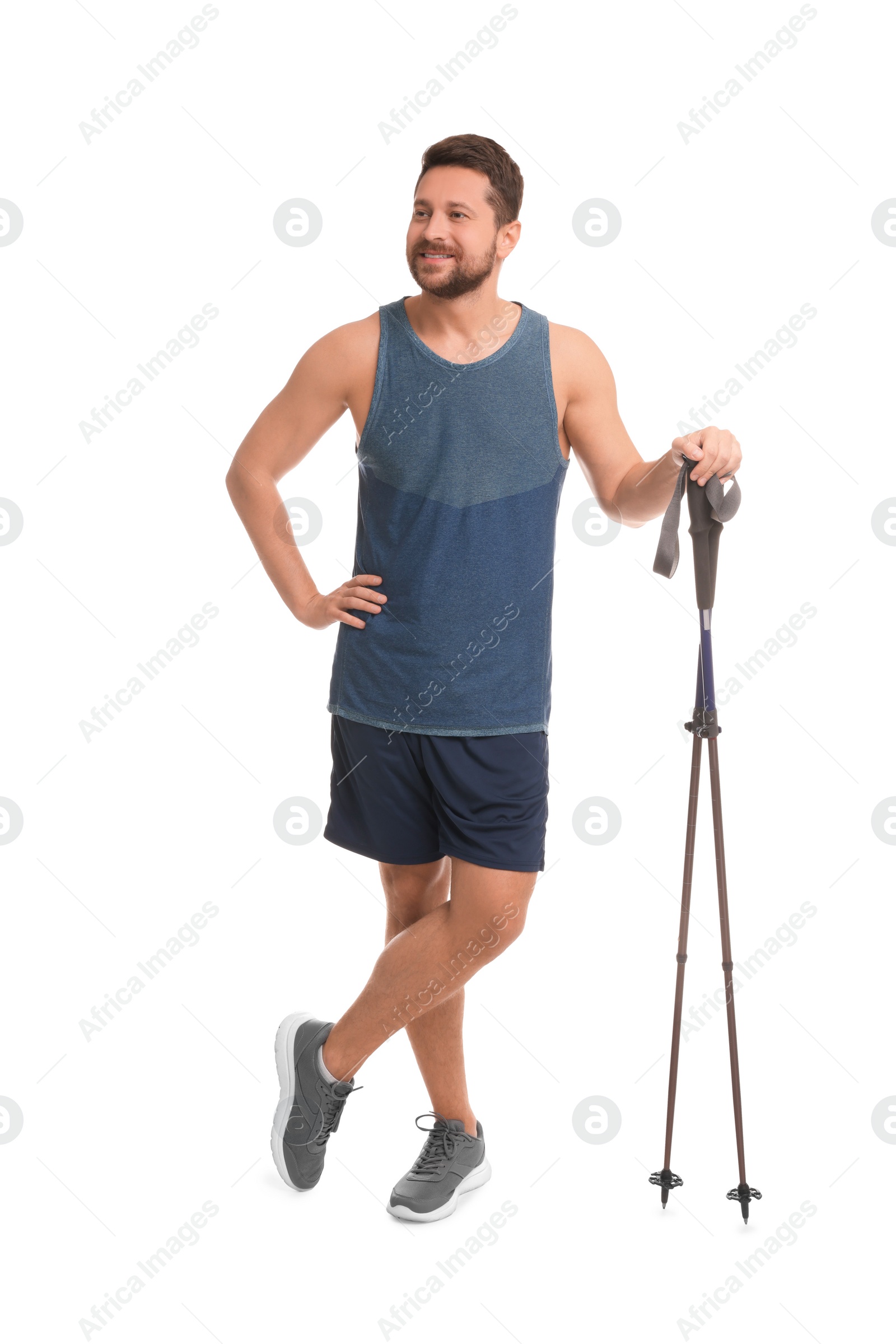 Photo of Man with poles for Nordic walking isolated on white