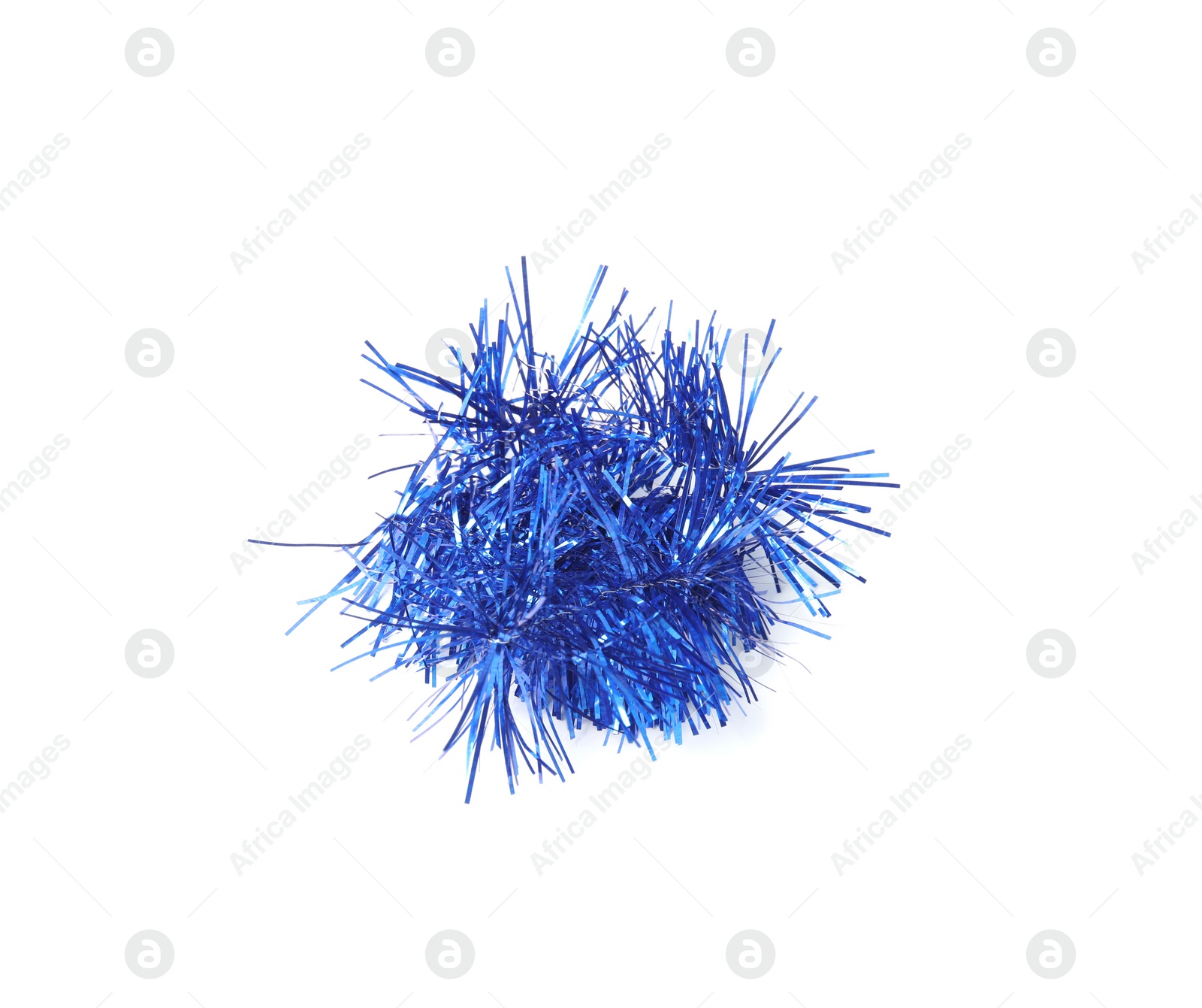 Photo of Piece of shiny blue tinsel isolated on white. Christmas decoration