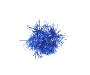 Photo of Piece of shiny blue tinsel isolated on white. Christmas decoration