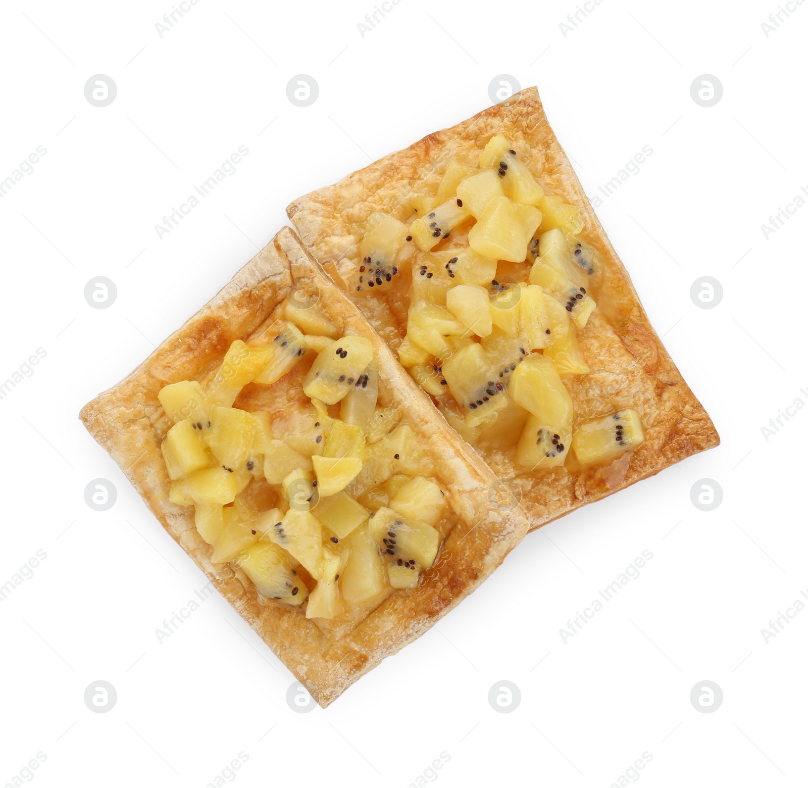 Photo of Fresh tasty puff pastry with kiwi isolated on white, top view