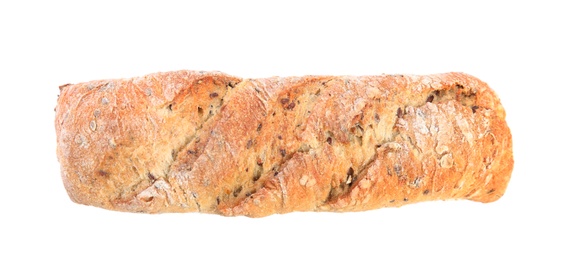 Loaf of fresh bread with flax seeds on white background, top view