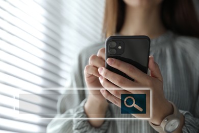 Image of Search bar of website near woman with smartphone indoors, closeup