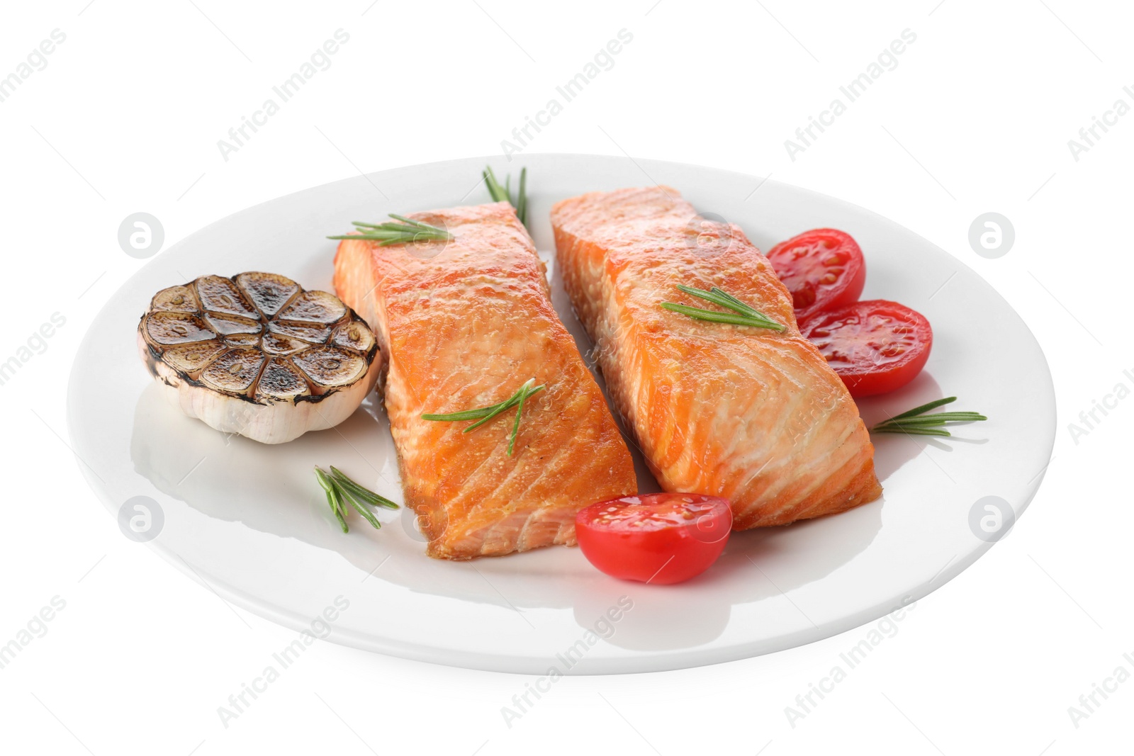 Photo of Plate with delicious roasted fish isolated on white