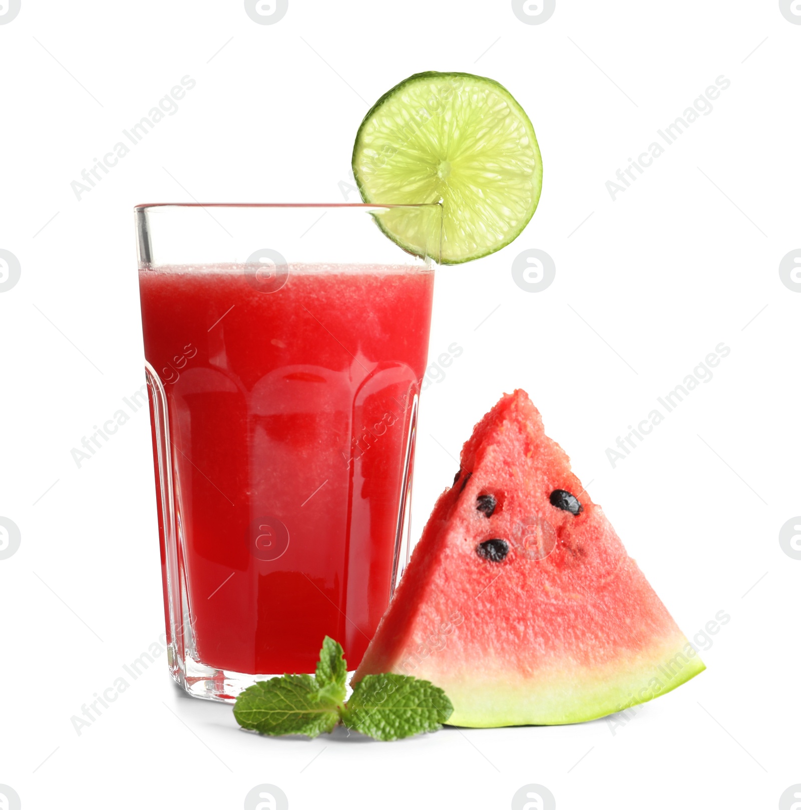 Photo of Tasty summer watermelon drink in glass and slice of fresh fruit on white background