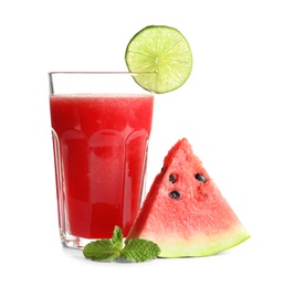 Photo of Tasty summer watermelon drink in glass and slice of fresh fruit on white background