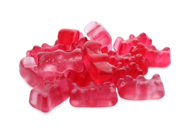 Pile of delicious jelly bears on white background