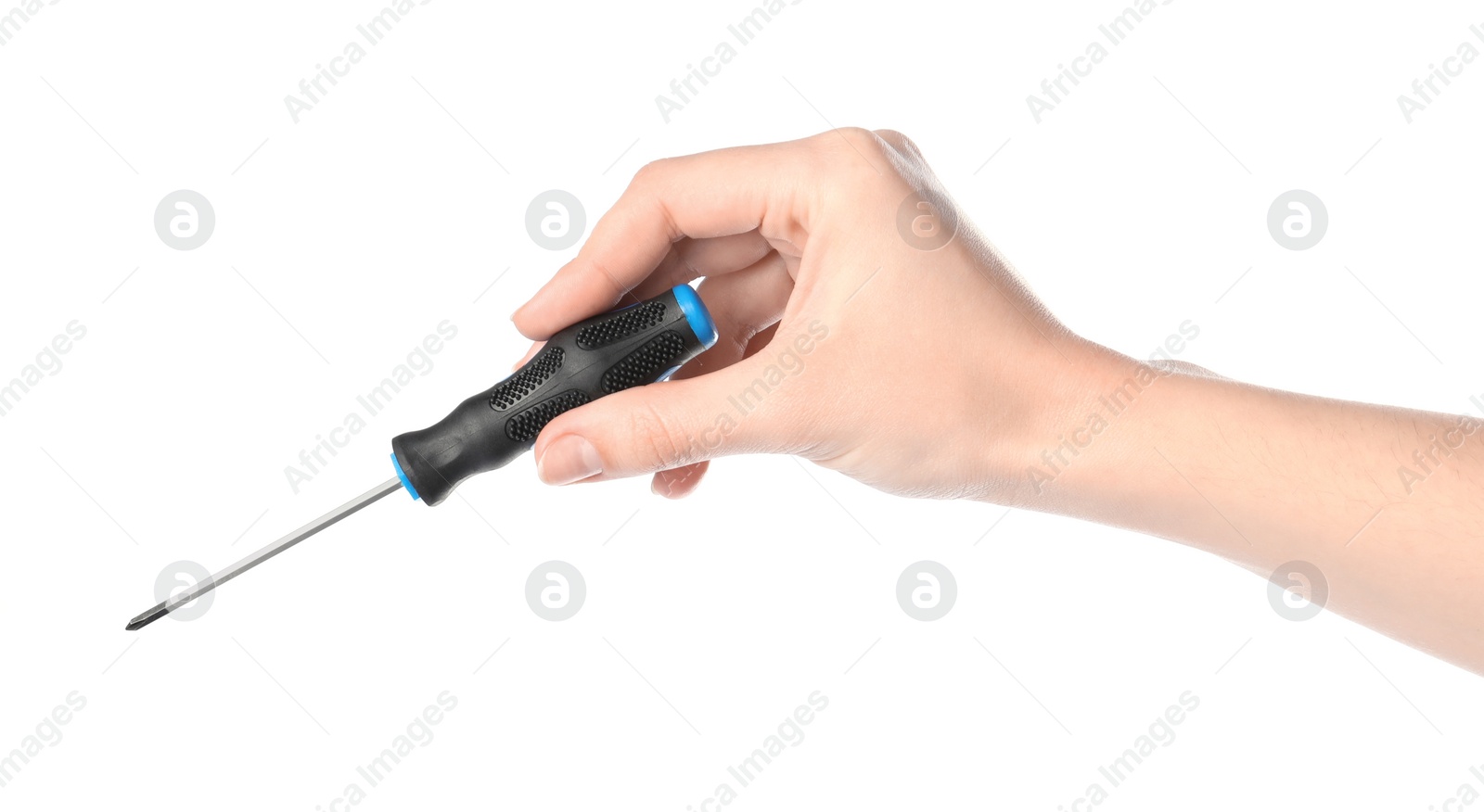 Photo of Woman holding screwdriver on white background, closeup