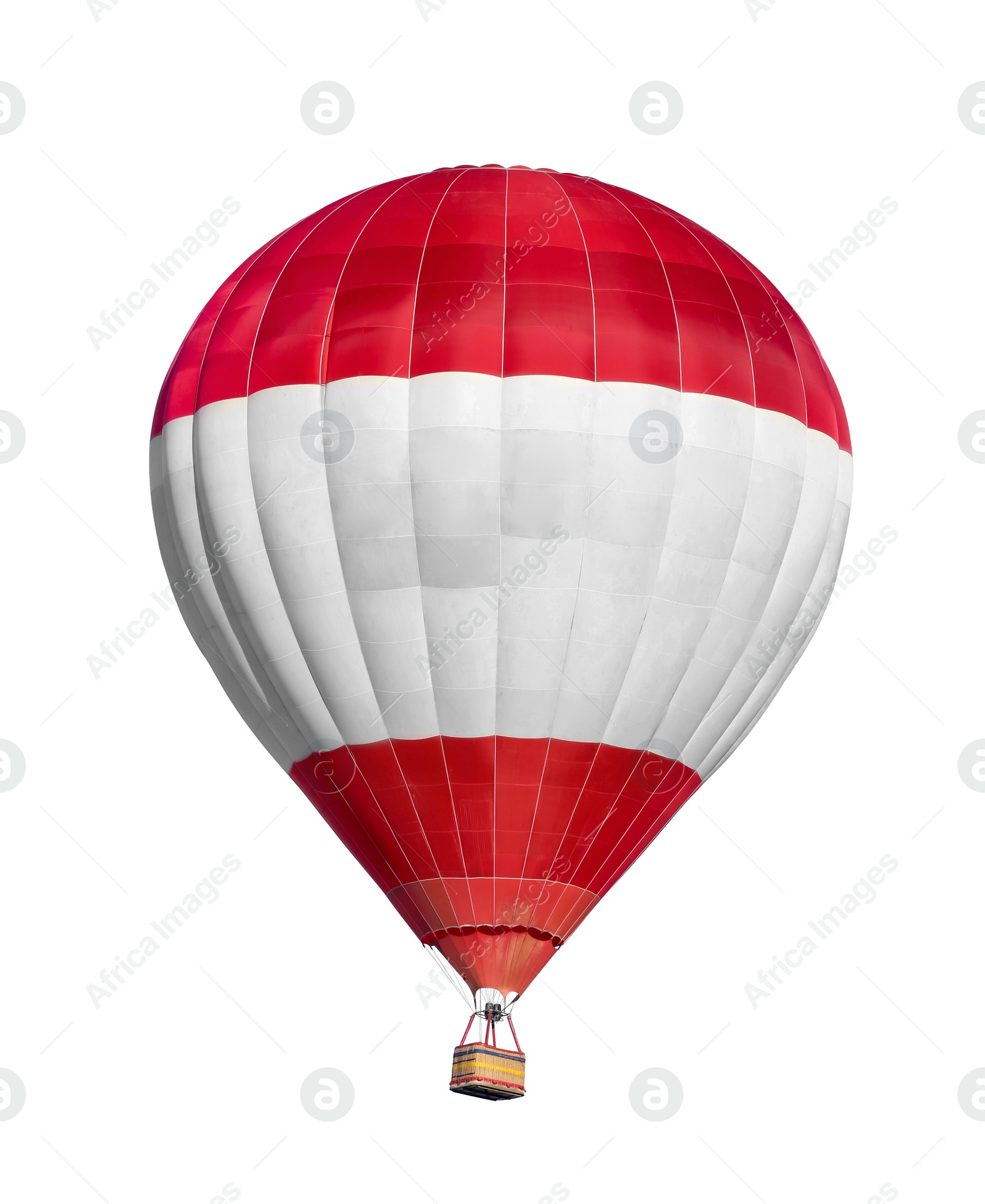 Image of Bright hot-air balloon with wicker basket on white background