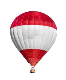 Image of Bright hot-air balloon with wicker basket on white background