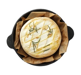 Photo of Tasty baked brie cheese with rosemary isolated on white, top view