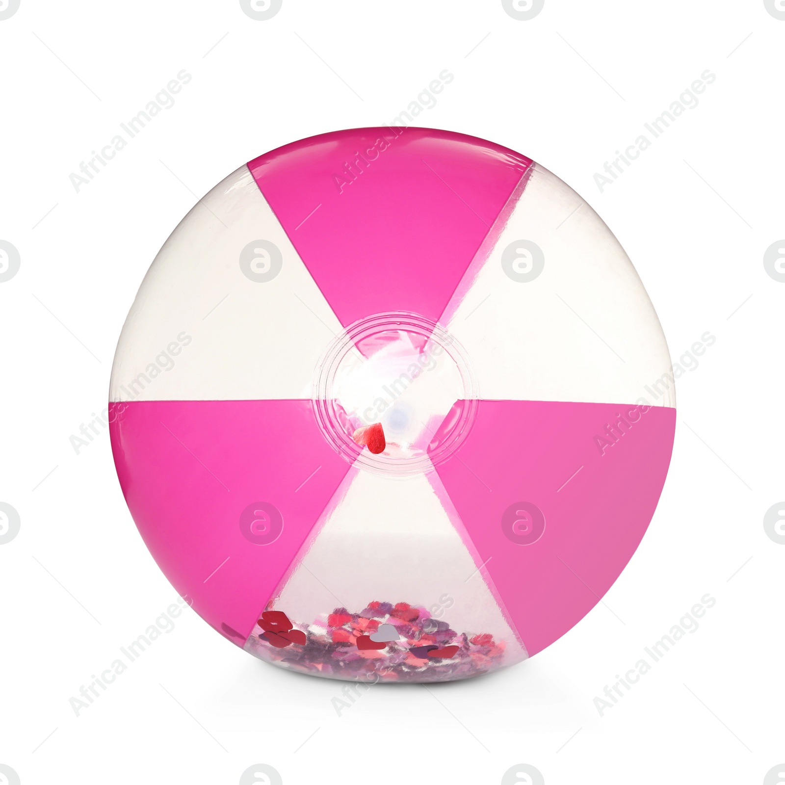 Photo of Inflatable beach ball with confetti inside isolated on white