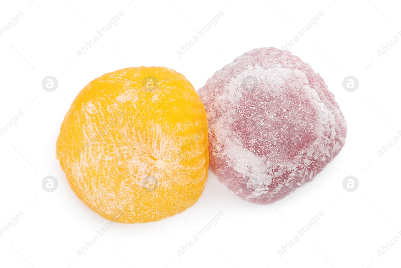 Photo of Different delicious mochi on white background,top view. Japanese cuisine