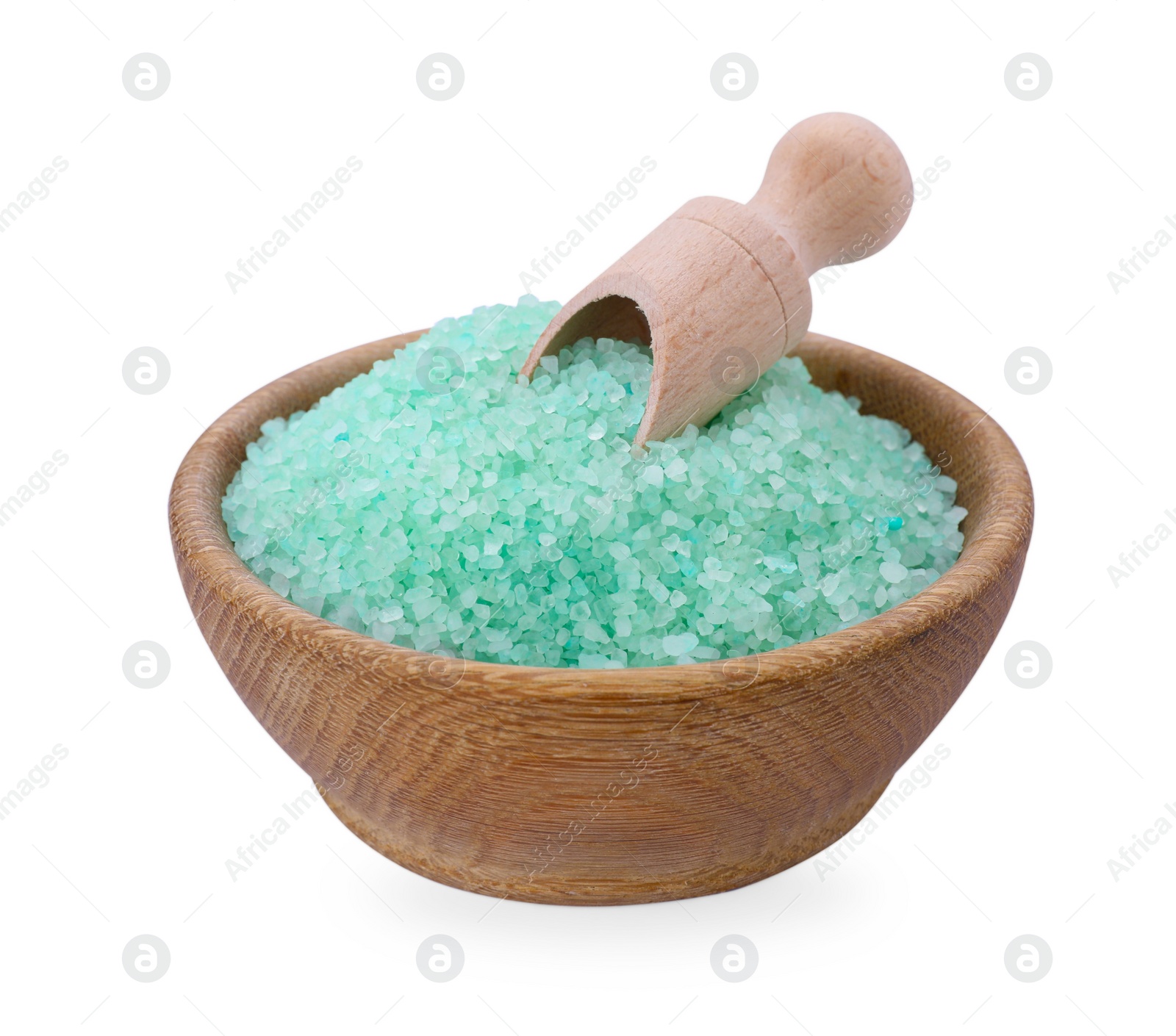 Photo of Bowl with turquoise sea salt and wooden scoop isolated on white