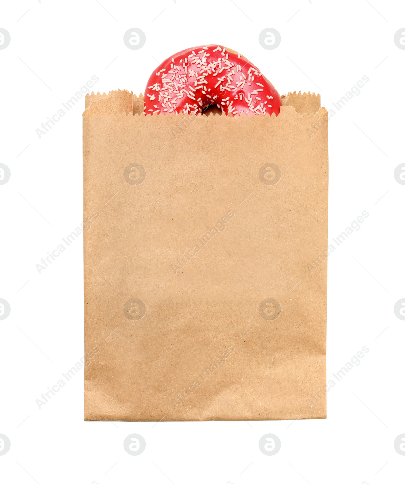 Photo of Paper bag with donut on white background, top view. Space for design