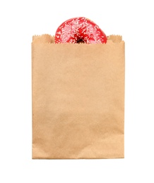 Photo of Paper bag with donut on white background, top view. Space for design