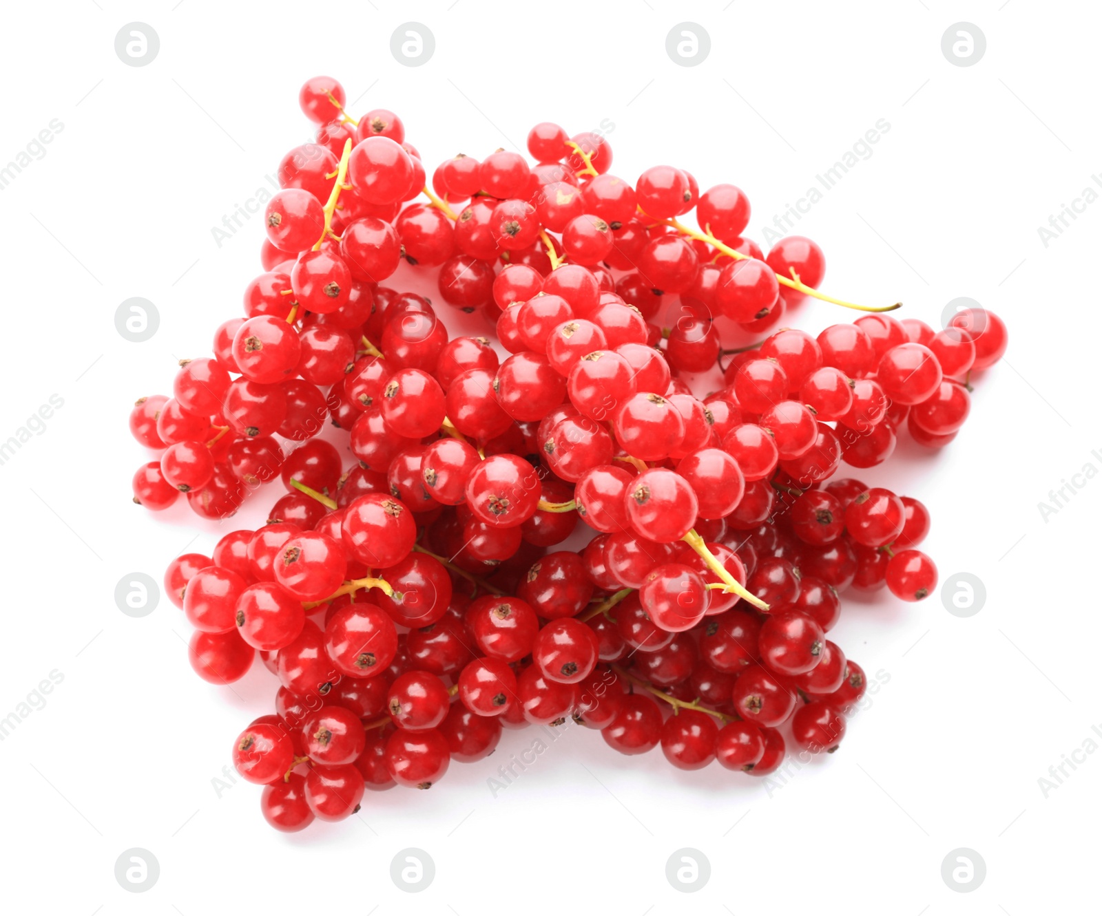 Photo of Delicious ripe red currants isolated on white, top view