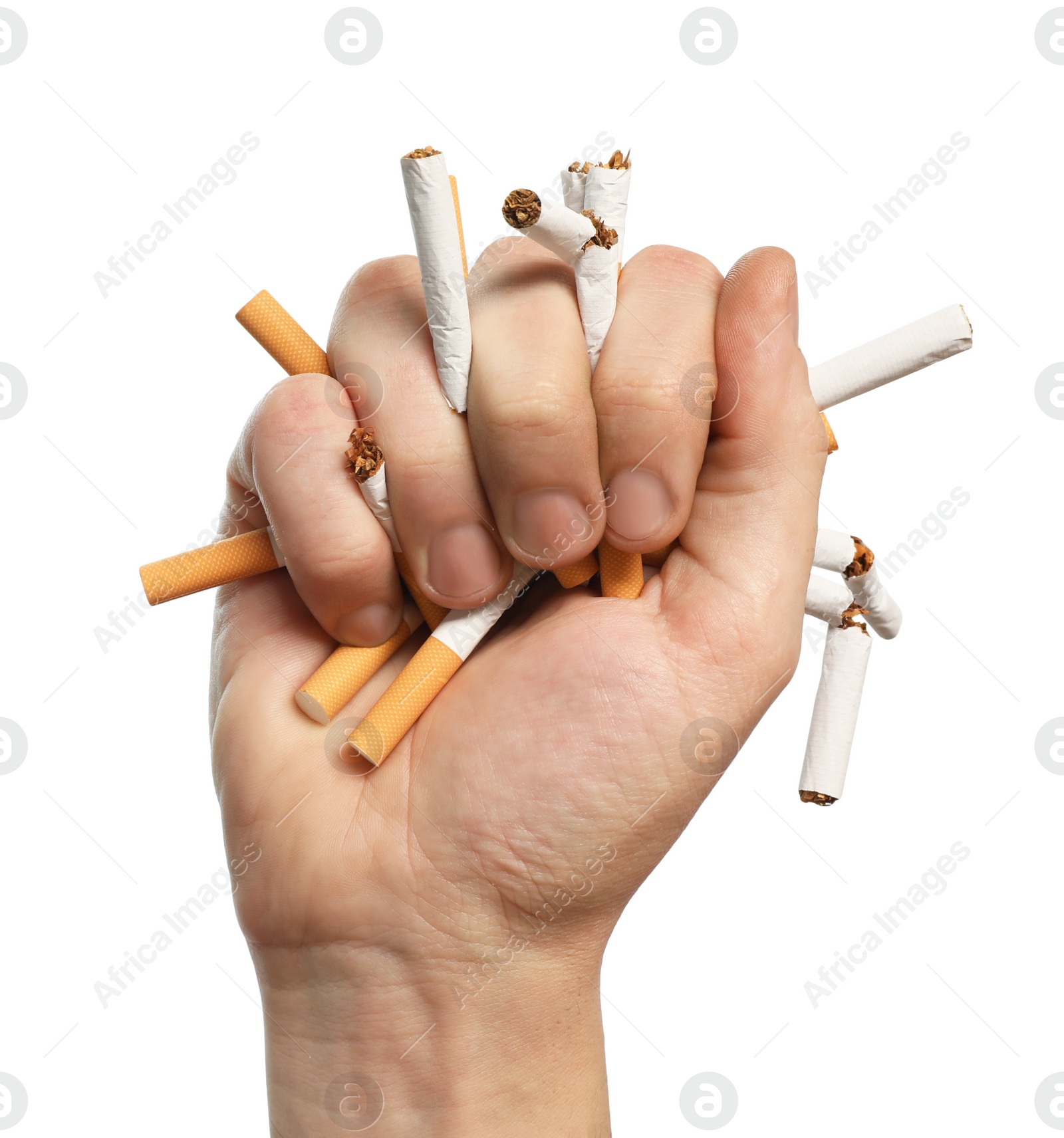 Photo of Stop smoking. Man holding broken cigarettes on white background, closeup