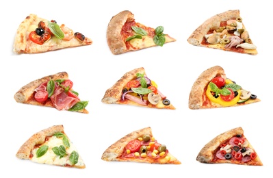 Set with pieces of different pizzas on white background 