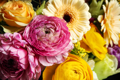 Photo of Beautiful fresh bouquet as background, closeup. Floral decor