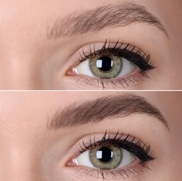 Image of Collage with photos of young woman before and after permanent makeup procedure, closeup