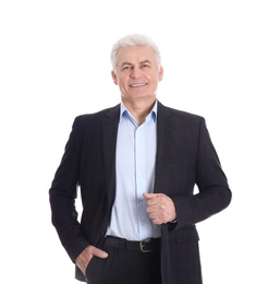 Portrait of handsome mature man on white background