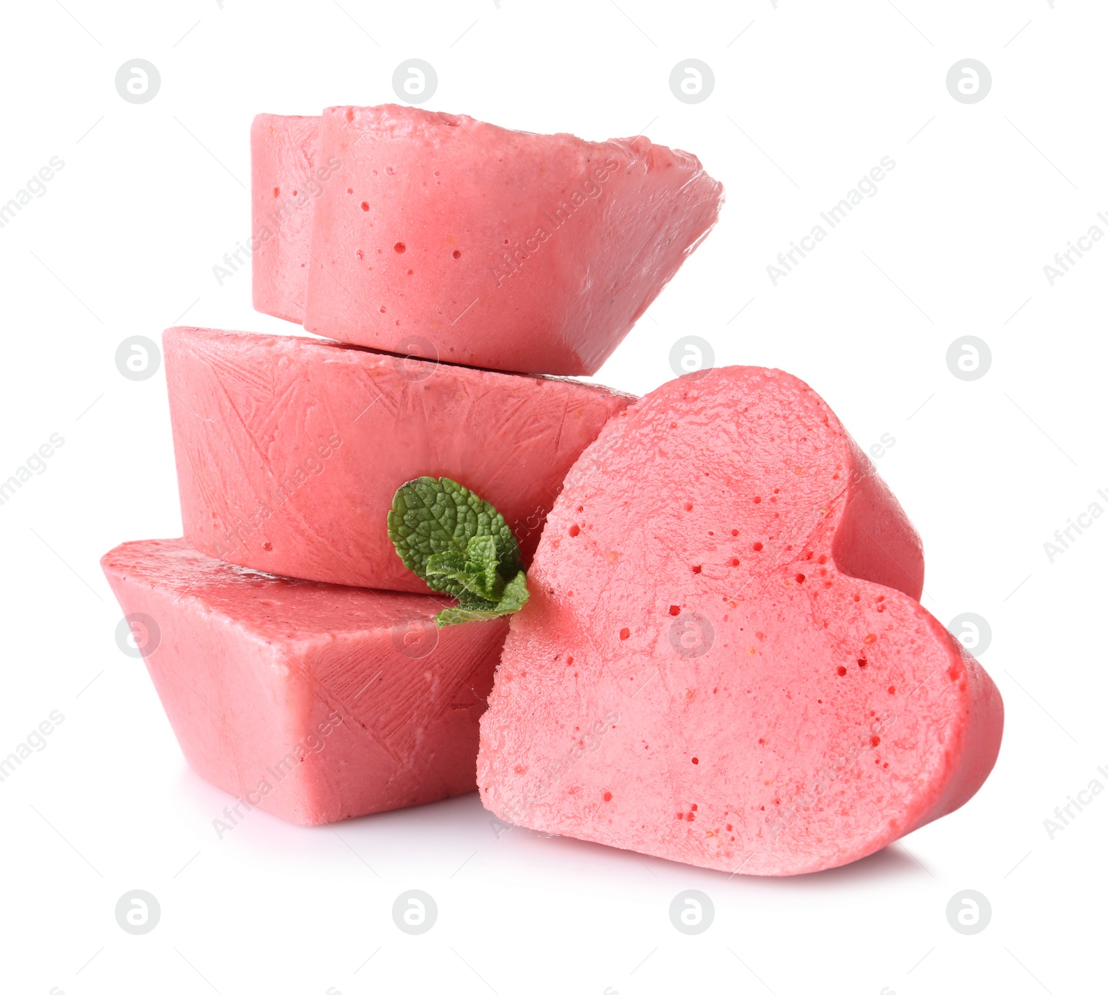 Photo of Heart shaped berry ice cubes on white background