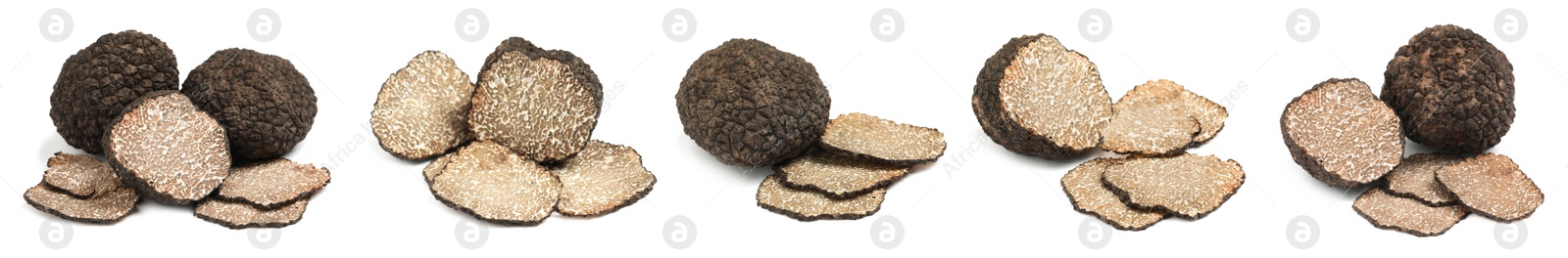 Set with expensive delicious black truffles on white background. Banner design Image of Set with expensive delicious black truffles on white background. Banner design