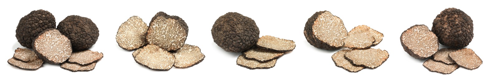 Image of Set with expensive delicious black truffles on white background. Banner design