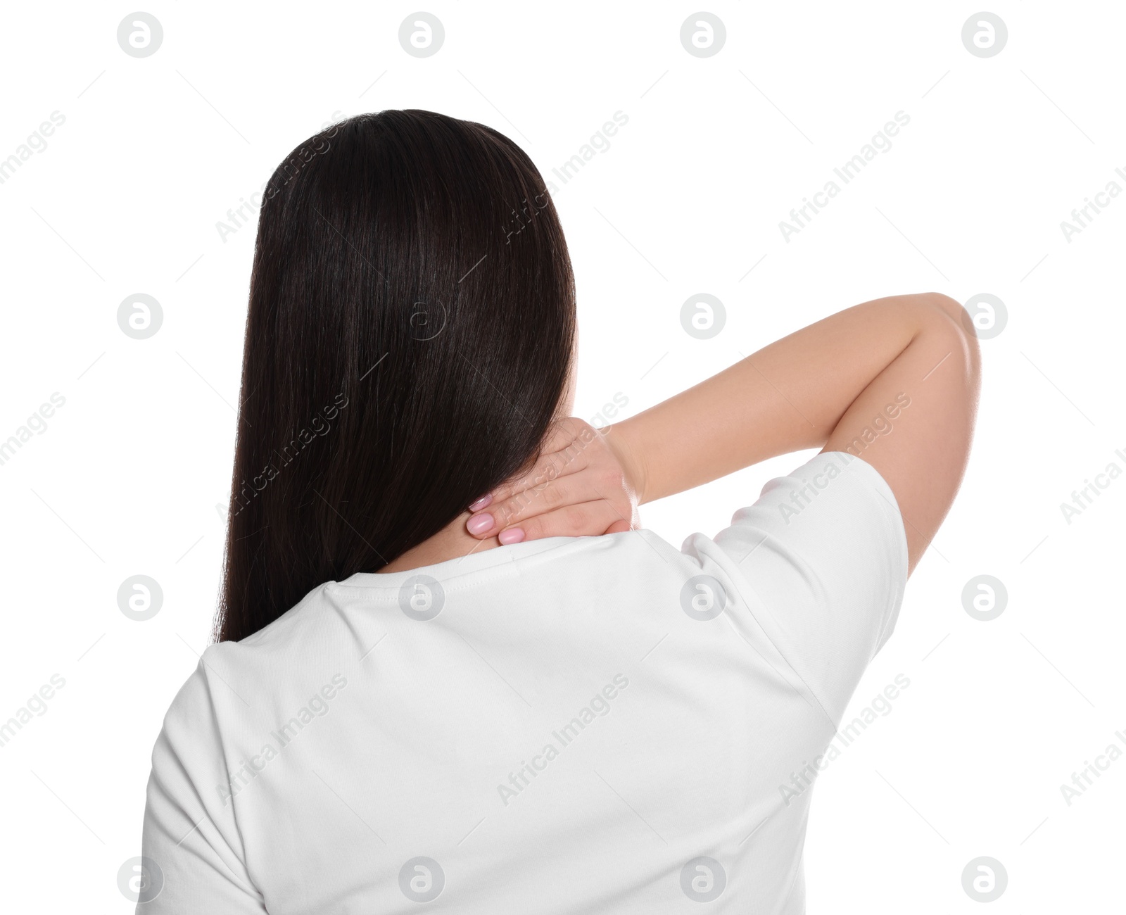 Photo of Young woman suffering from pain in neck on white background, back view. Arthritis symptoms