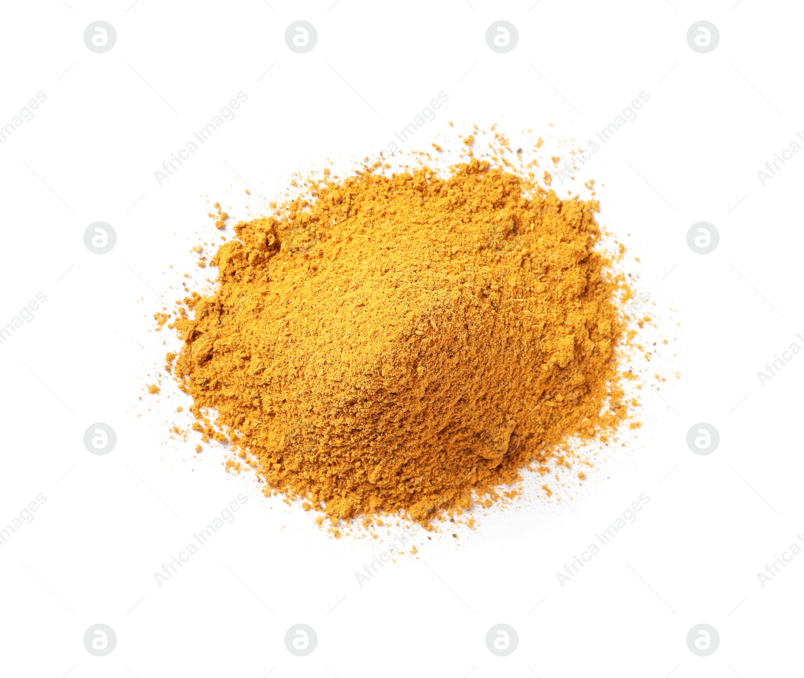 Photo of Pile of dry curry powder isolated on white, above view