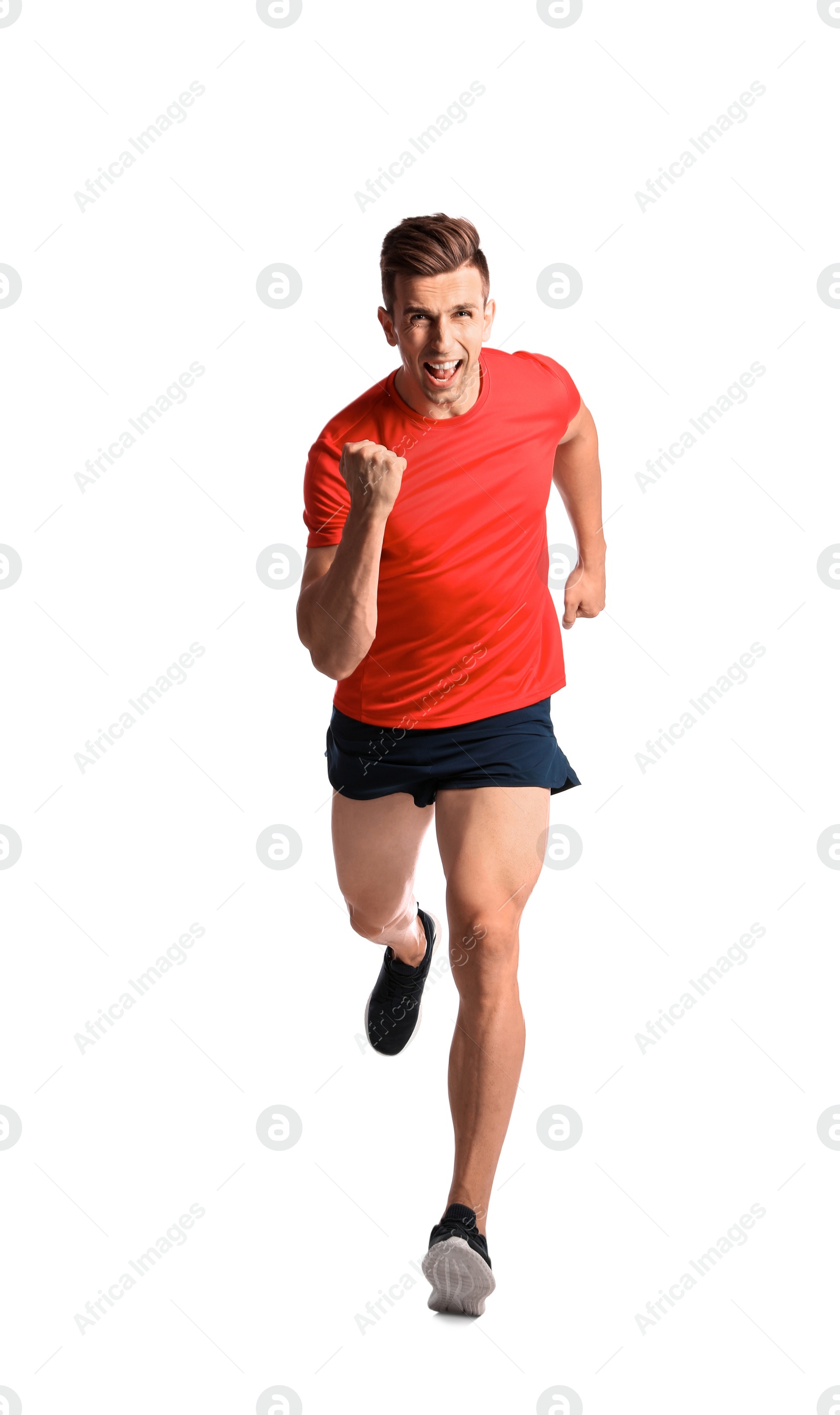 Photo of Sporty young man running on white background