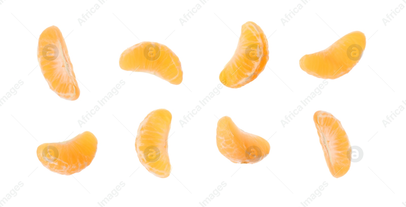 Image of Set with pieces of fresh ripe tangerine on white background