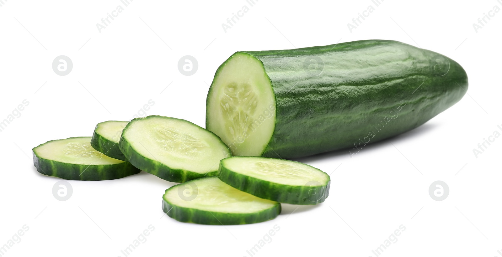 Photo of Cut ripe long cucumber isolated on white